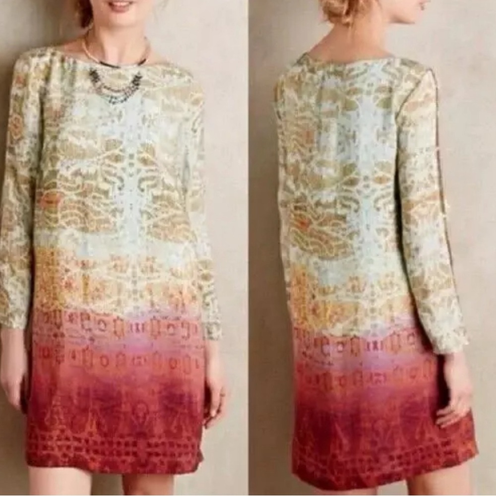Anthropologie MAEVE Cleome Silk Tunic Shift Dress Ombré Paisley Size S